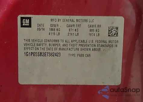 2014 Chevrolet Cruze 2Lt Auto from USA, damaged, VIN 1G1PE5SB2E7382423